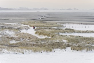View over the snow-covered dune landscape of Norddeich, Wadden Sea at low tide, North Sea, Lower