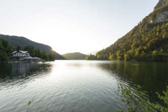 Sunrise in summer at Lake Thumsee near Bad Reichenhall with a view of the Seewirt