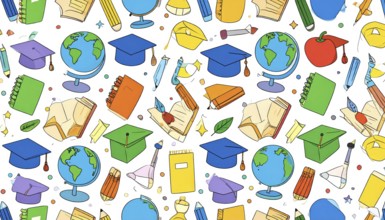 Colorful doodle pattern of education elements, vibrant geometric vector illustration, AI generated