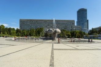 Freedom Square with a fountain in the shape of a lime blossom in Bratislava, Slovakia