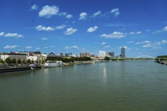 View of the banks of the Danube and the Bratislava skyline from the Bridge of the Slovak National