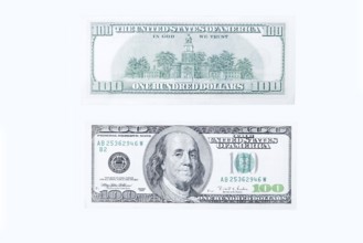100 US dollar note, 100 dollar banknotes on white background
