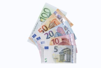 Various euro banknotes on white background, 5 euro, 10 euro, 20 euro, 50 euro, 100 euro