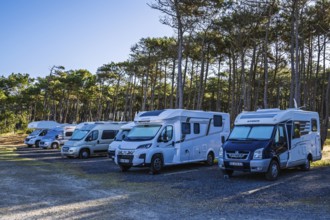 Campervans on Contis beach campersite, Saint Julien en Born, Saint-Julien-en-Born, Landes, France