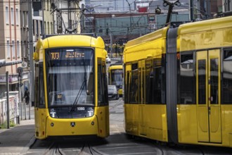 Ruhrbahn tram, on Altendorfer Straße, intersection Helenenstraße, in Essen, rush hour, traffic,