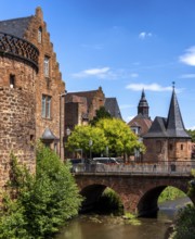 The old town centre with the town wall and the Seemenbach stream, Büdingen, Hesse, Germany