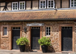 The old castle with Barbarossaplatz and the castle café in the old town centre of Büdingen, Hesse,