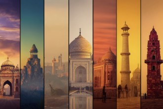 Collage of churches, mosques and hindu temples. Concept of travel and sightseeing, AI generated