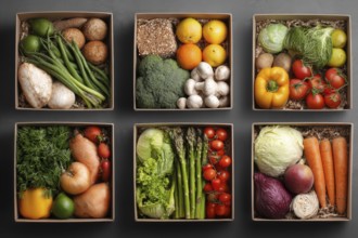 Collage of boxes with healthy food for various diets that improve digestive and heart health, AI