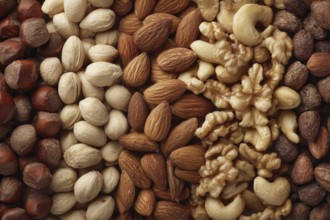 Collage of healthy nuts and legumes that improve heart and digestion health, AI generated