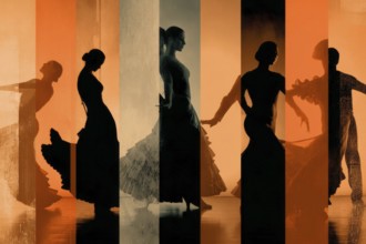 Collage of flamenco dancers. Passionate spanish music, AI generated