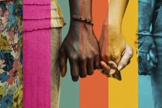 Collage of diverse lovers holding hands together. Concept of love devotion and family values, AI