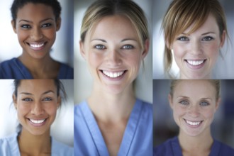 Collage of hospital nurses and medical professionals smiling. Concept of hospitality and excellent