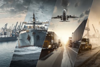 Collage of different methods of sea and ground transportation networks. International corporations