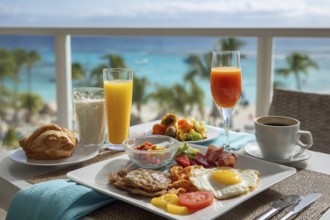 Breakfast in bed on vacation at a luxury hotel room with beautiful ocean view, AI generated