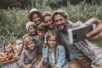Cheerful happy family taking selfie on picnic on a family vacation day, AI generated