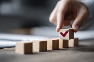 Checklist and task progress tracking concept. A hand placing the final checkmark on wooden blocks