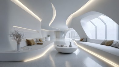 Bright futuristic living room with curved built-in sofa, oval windows create a glowing ambiance.