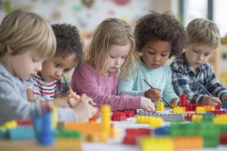 Children developing creativity while playing painting and drawing games at the table at daycare