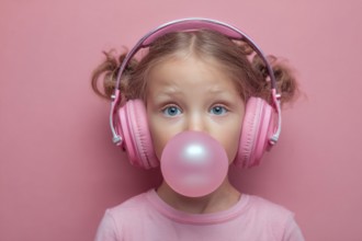 Child in a big headphones and bubble gum, AI generated