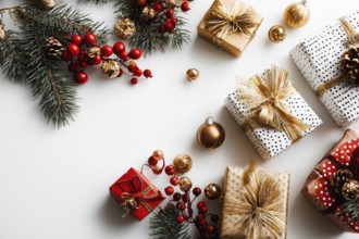 Christmas and New Year holiday background. Xmas greeting card and gifts on white background top