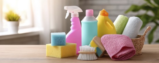 Cleaning set with products and tools on kitchen table, AI generated
