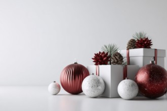Christmas decoration and gifts on white background, AI generated