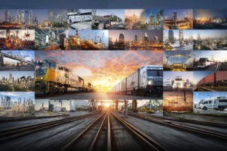 Collage international interconnected transportation businesses.Global trade and commerce of