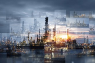 Collage of industrial factories and warehouses. Illustration of global international trade and