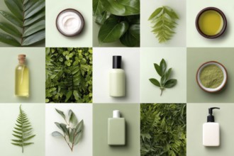 Collage of healthy organic cosmetics and makeup, AI generated