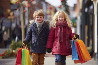 Children with colourful shopping bggs, AI generated