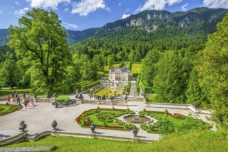 Baroque gardens at the Temple of Venus with a view of the water parterre and Linderhof Palace,