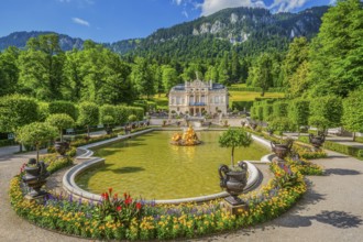 Water parterre with golden fountain and the front view of Linderhof Palace, Ettal, Ammertal, Upper