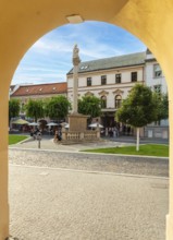 Alley with a view of the square and the Plague Column in the historic centre of the Capital of