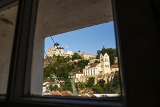 View of Trencín Castle, St Mary's Castle and the old town centre from the town tower, Capital of