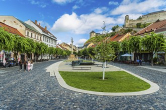 The Peace Square in the old town centre of Trencín, Trencín Castle in the background, Capital of