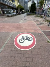 Official traffic sign painted on cobblestones in pedestrian zone Use of passage forbidden for