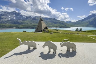 View from viewing platform to Mont-Cenis Pyramid Museum with stylised pyramid Museum in memory of
