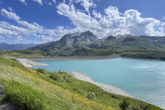 View of barrage dam with 1400 metre crest length in the eastern part southeast of Lac du Mont