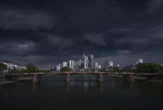 A storm passes over the Frankfurt banking skyline with gloomy clouds, Frankfurt am Main, Hesse,
