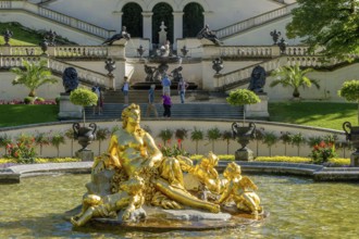 Basin, water basin with flora fountain in gold, palace park of Linderhof Palace, Neo Rococo, UNESCO