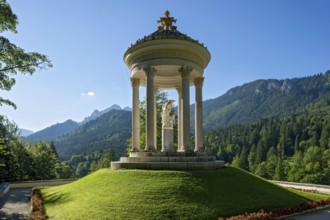 Statue of Venus with Cupid in the Temple of Venus above the terraced gardens, blue sky, park of