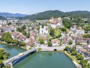 Aarburg town on the river Aare with church and fortress Aerial view from above in Aarburg,
