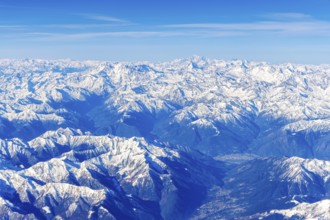 Alps panorama mountains with snow in winter with Matterhorn and Mont Blanc near Domodossola, Italy