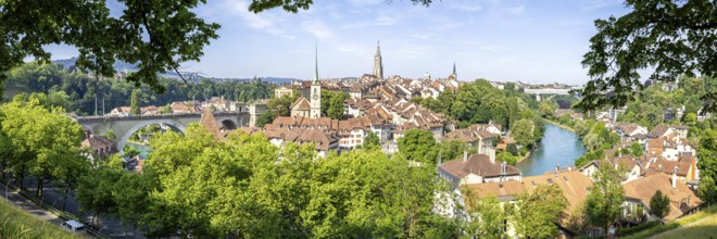 Bern City on the River Aare Panorama Old Town with Bern Minster Church in Bern, Switzerland