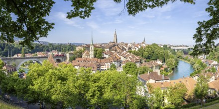 Bern City on the River Aare Old Town with Church Bern Cathedral Panorama in Bern, Switzerland