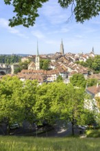 Bern City on the River Aare Old Town with Bern Minster Church in Bern, Switzerland
