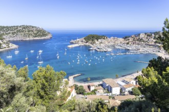 Port de Soller on Majorca from above holiday by the sea beach harbour with boats trip in Port de