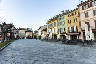 Market square with cafes in Orta San Giulio, Orta San Giulio, on Lake Orta, Province of Novara,