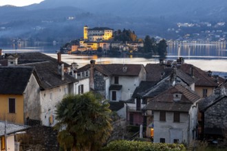 Old town with view of Isola San Giulio, Orta San Giulio, on Lake Orta, Province of Novara,